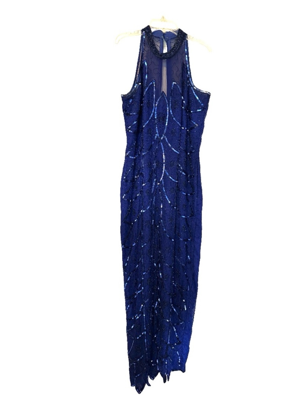 Elegant Navy Sequin Halter Silk Evening Gown